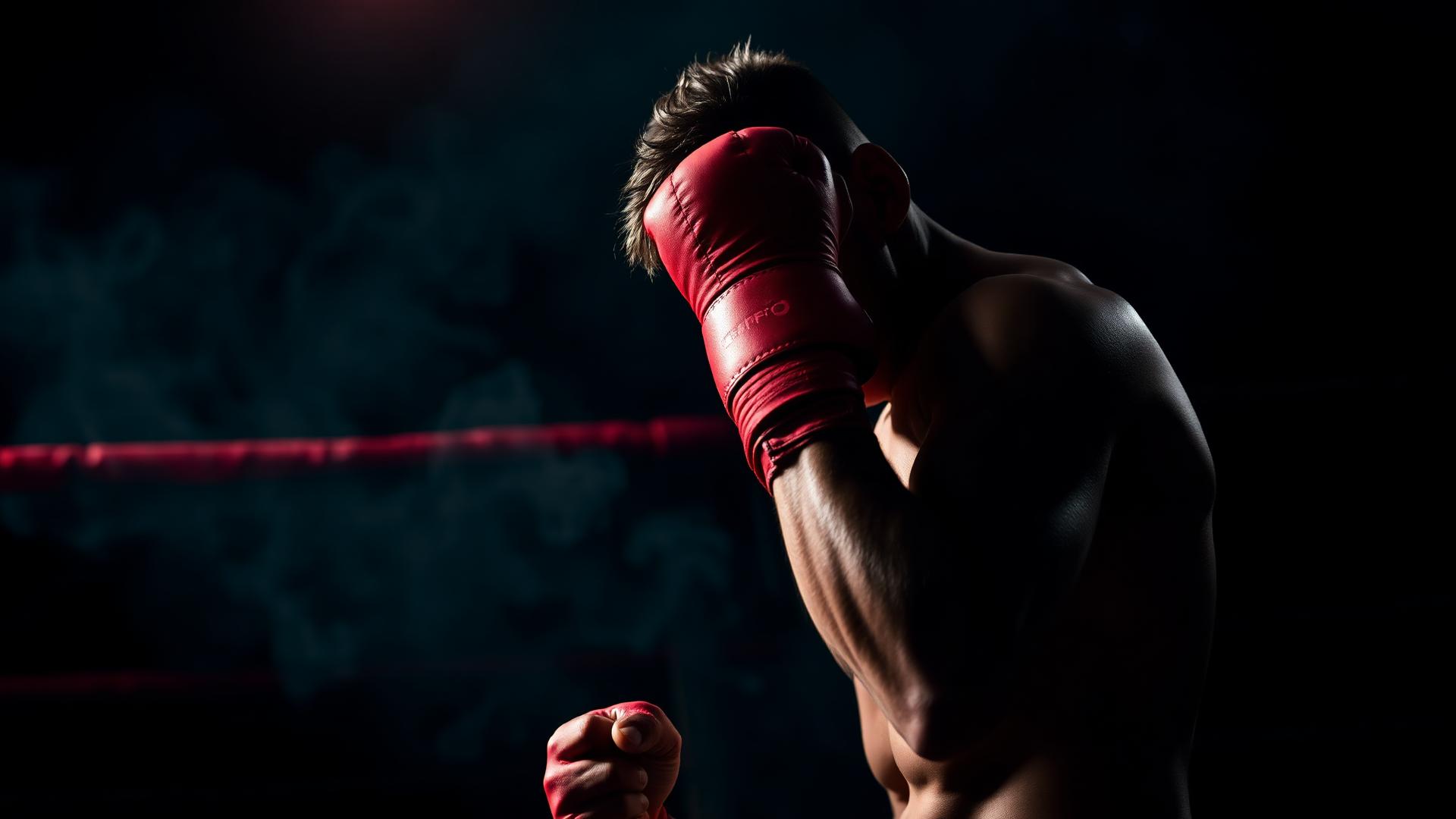 Lutador de muay thai enfaixando as mãos em academia escura